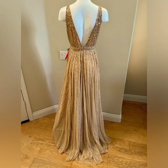 Mac Duggal 6 Sunset Sequin Plunge V Neck Gown NWT Flowy A Line Skirt - Picture 9 of 13